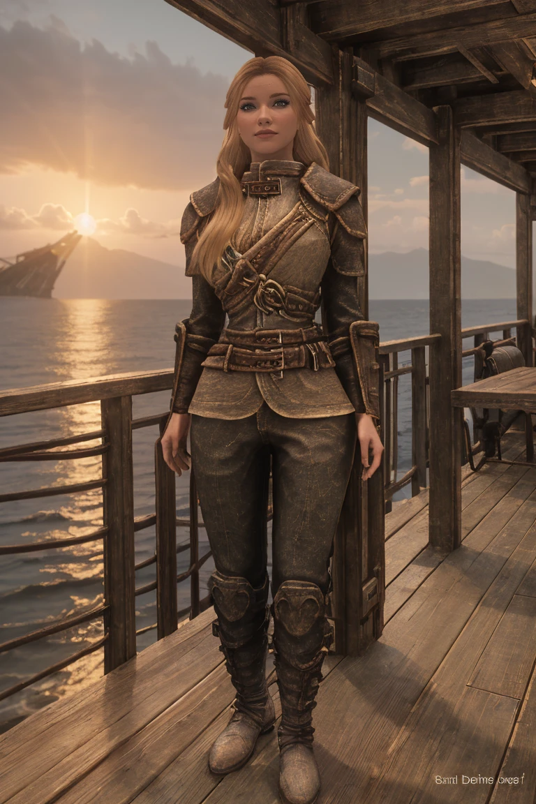 A stunning female Breton maiden stands poised on the weathered deck of a majestic ship at sunset in Skyrim. Her porcelain skin glows softly, illuminated by the warm rays of the rising sun. Delicate features and raven tresses frame her enigmatic smile as she gazes out to sea, the wind gently tousling her locks, (((wearing long pants and boots))), blonde hair