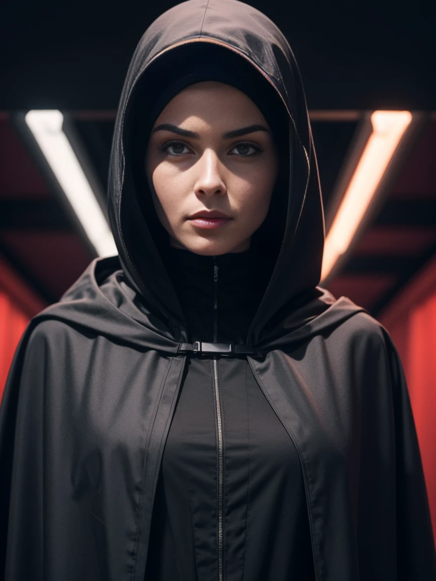 (extremely detailed 8K wallpaper), Arafed woman in black hood on red background, Futuristic portrait of a woman, Fashionable futuristic woman, The Mysterious Woman, woman in a raincoat, Woman spy, Wearing a Sith hood, woman in black robe, portrait shot, nun fashion model, portrait of a science fiction woman, Futuristic spy, beautiful female model in cyberpunk style, wear a black cloak, high detail, dramatic
