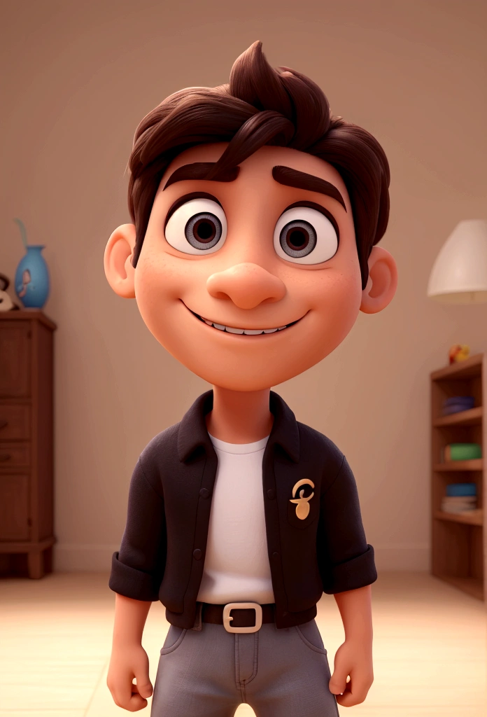 Um homem com pele escura, olhos claros, cabelo preto curto, Dancing, 3D estilo Disney Pixar