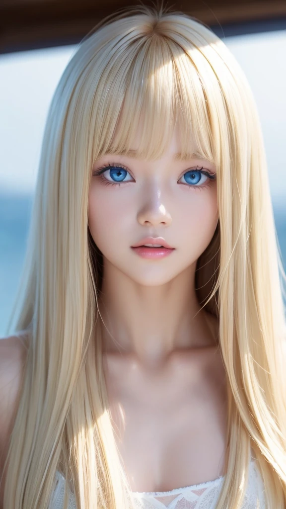 White shiny skin、Blonde hair color that changes with light、Long bangs obstruct the view、Glossy highlight on cheeks、The most beautiful face in the world、Super long gorgeous blonde hair、Smooth straight hair、Ample Bust、Big, bright, light blue eyes that shine beautifully、Beautiful bangs、Beautiful cute girl 15 years old、Round face、Small Face Beauty、Cheek highlighter