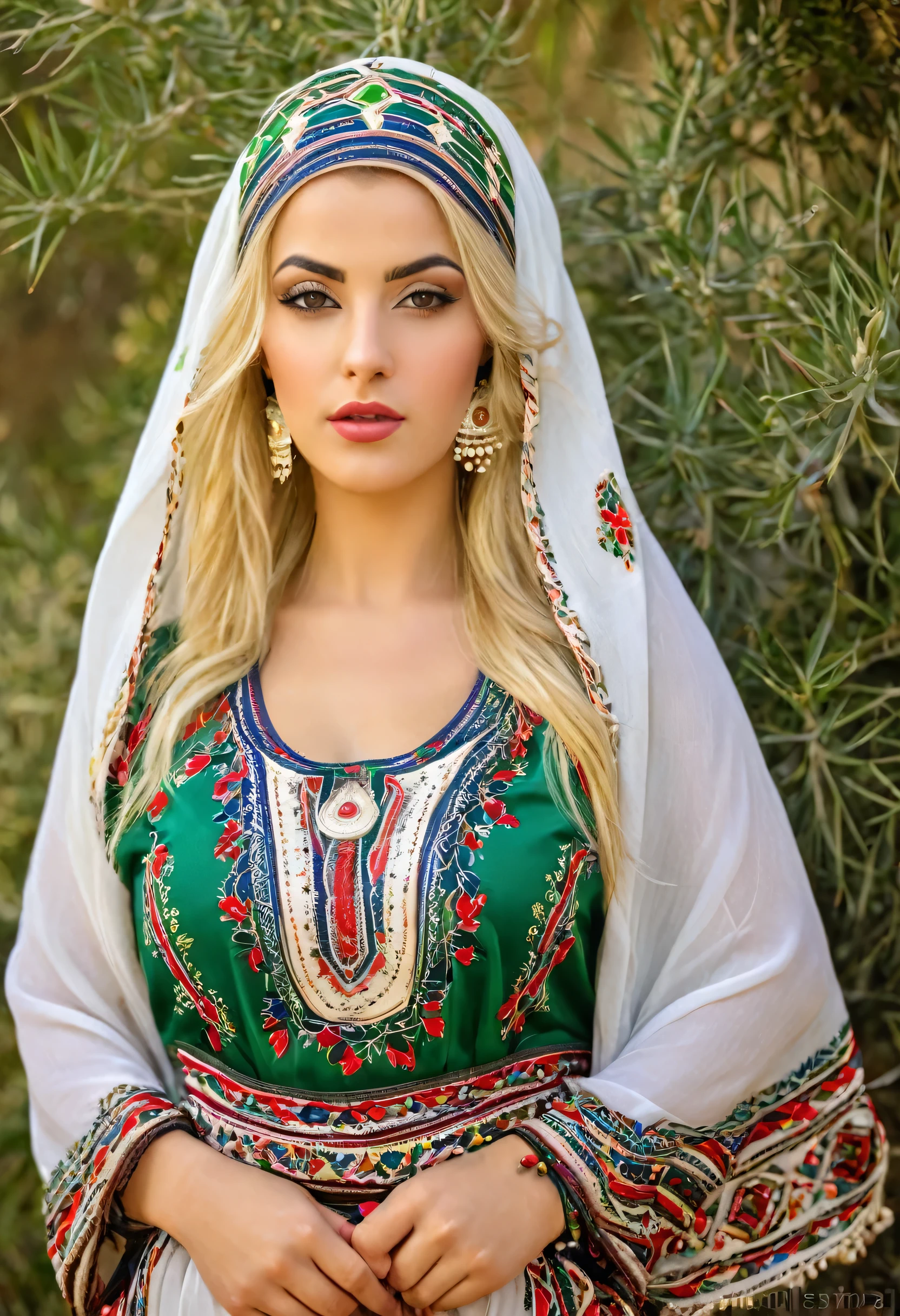 Blonde women in middle of twentys medium size body very beautiful wearing traditional outfit from Algeria