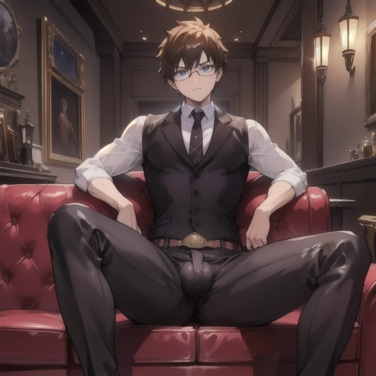 1boy, 16~20 years old, male focus, muscular male, nsfw, 3D, realistic, indoor, normal hue, central, golden ratio, sitting on the leather couch, sharp-featured body, tall, burly, highres, slender build, perfect anatomy, skin texture, thick dark buzzcut hair, see-through bangs, shallow eyebrow, symmetrical eyebrow, large bright eyes, symmetrical eyes, square gold-rimmed glasses, big straight nose, closed mouth, double-edged polearm, broad shoulders, noble attire, bdominal stretch, tight-fitting, leather collar, stand-up collared shirt, necktie, waistcoat, open thickened glossy dark leather jacket, six-pack abs, leather gloves, black trousers, leather belt, spreading long thin legs, large erect penis over 10 inches length and 3 inches width, erection, large scrotum with testicles, masturbation, high-heeled leather boots, soft smile, handsome, powerful, from front, looking ahead at viewer, day, masterpiece, best quality, hyper-detailed, intricate detail, professional photography, matte, bright, the most beautiful ever seen, post processing, dreamatic lighting, ambient lighting, epic composition, ultrawide shot, uplight, raytracing reflections, depth of field, gorgeous background