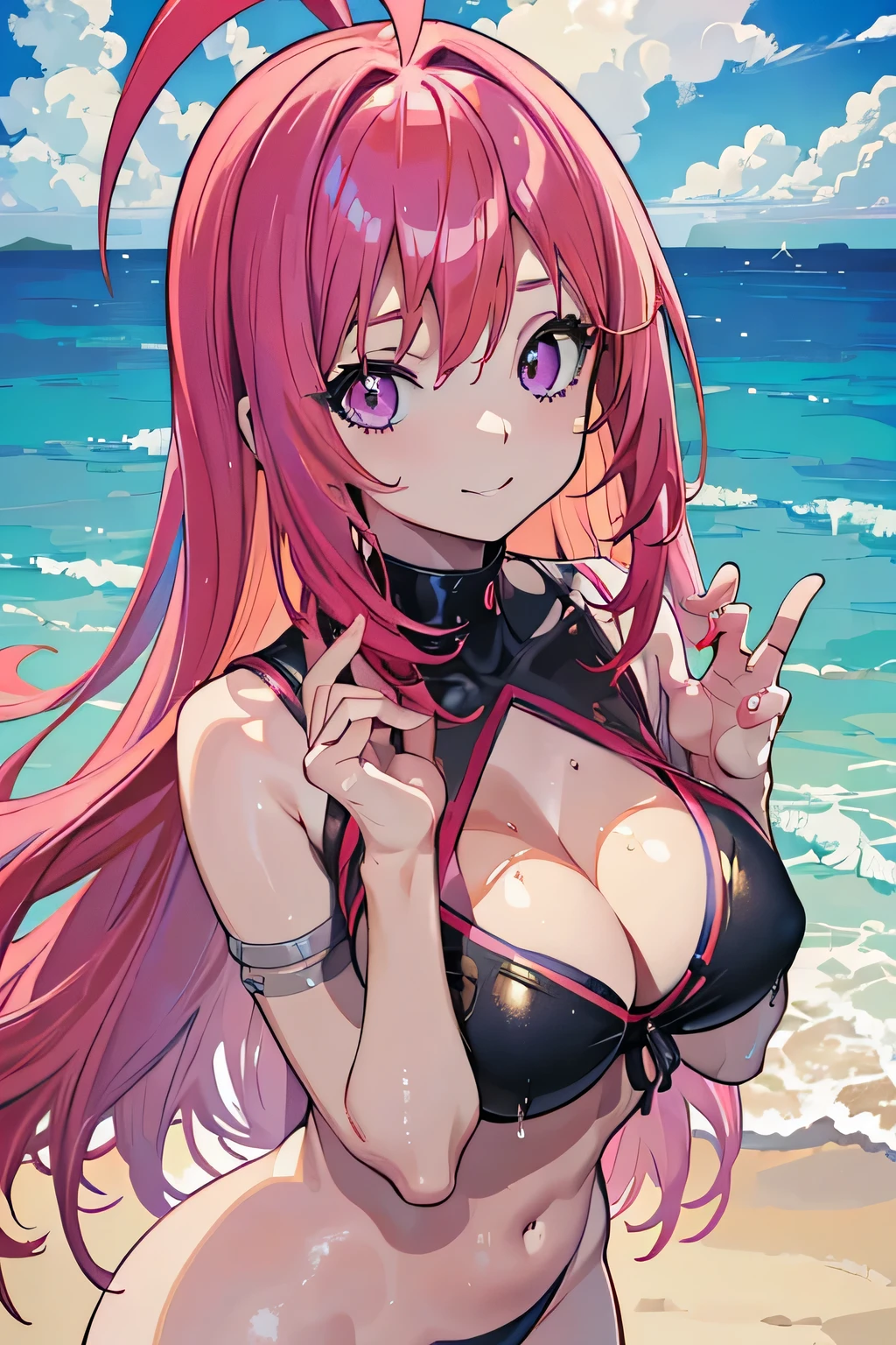 (masterpiece, highest quality:1.2),shape,8k,High resolution,kurosaki mea,Pink Hair,long hair,1 girl,whole body,Upper Body,(Portraiture:1.2),leotard,Standing backwards,Ahoge,smile,blue eyes,smile,belly button,Long Hair,Purple eyes,Wet Hair,Wet Skin,Moisturized whole body,Redhead,Big Breasts,leotard,barefoot,Beach,sandy Beach,Water Play,(masterpiece:1.2), highest quality, High resolution, unity 8k wallpaper, (shape:0.8), (Beautiful and detailed:1.6), Highly detailed face, Perfect lighting, Highly detailed CG, (Perfect hands, Perfect Anatomy),
