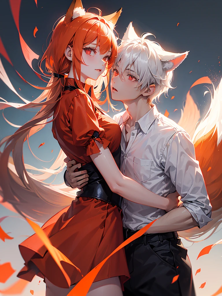 anime girl and boy, girl with orange hair and fox ears, red eyes, sexy red dress, boy with light gray hair and cat ears, red eyes, black shirt, dynamic light, cinematic light, eyes look at each other, (simple background)