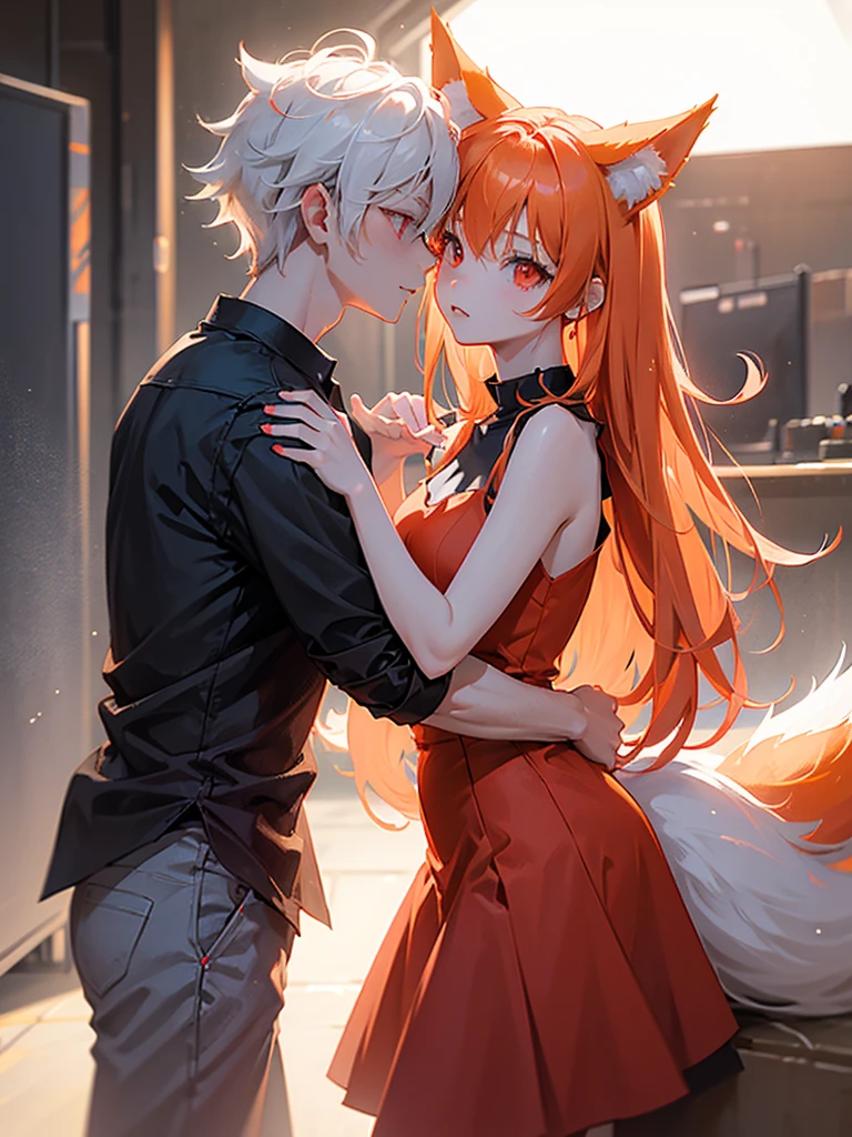 anime girl and boy, girl with orange hair and fox ears, red eyes, sexy red dress, boy with light gray hair and cat ears, red eyes, black shirt, dynamic light, cinematic light, eyes look at each other, (simple background)