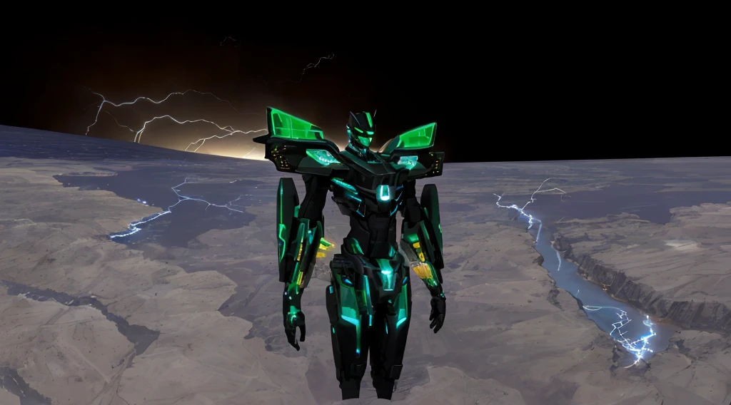 a black colored transformer with green inserts, symmetrically arranged green parts, on the frontof the body not transparent cabin, on the back - aircraft's wings, arms from elbows to hands look like the front part of a aircraft, wheels are visible on the shoulders, on the legs from knees to the ankle there are aircraft's repulsors and small aircraft's tail wings, no helmet, light blue eyes, two legs, two arms, not a suit, on a background there is an empty dark blue metal desert, no buildings, no structures, dark blue storm clouds, light blue lightning from the clouds, blue river, river to the horizon, electrified river, light blue lightning from the river, space sky, stars in the sky, composition on the metal planet, big metalic planet, dark-blue metal, shiny metal, cybertron, mechanical planet, empty wasteland, dark blue storm clouds, light blue lightning from clouds, blue river, river to horizon, electrized river, light blue lightning from river, space sky, stars on the sky, realistic, watercolor, 4k, high quality, hight attention to details, concept art, concept art by Chris Mowry.