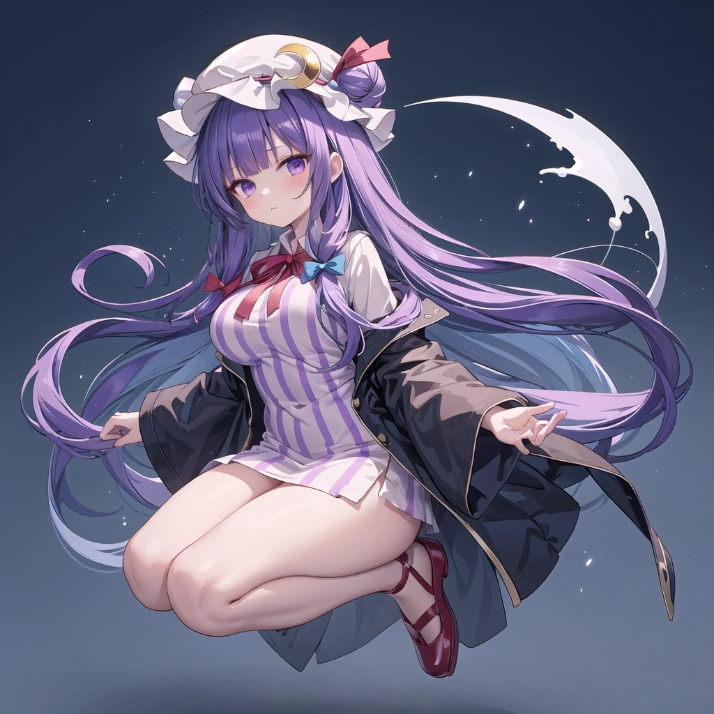 1girl, patchouli knowledge (touhou), purple eyes, very long hair, purple hair, blunt bangs, double bun, purple headwear, mob cap, bun cover, vertical-striped dress, purple dress, long sleeves, robe, wide sleeves, red bowtie, neck ribbon, red ribbon, crescent hat ornament, crescent hair ornament, red bow, blue bow, hair bow, hat bow,(large breasts),(((full body))),(((blue background))),(((Diagonal angle)))