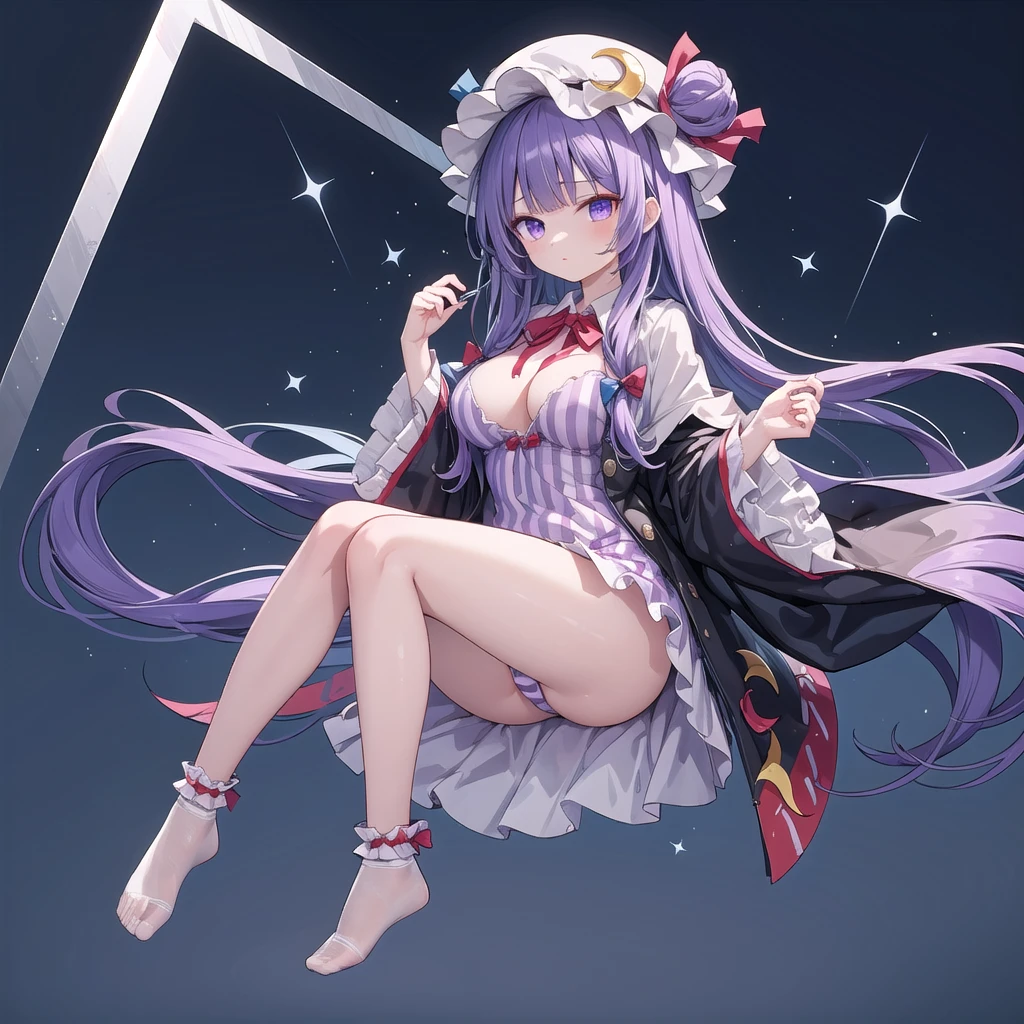 1girl, patchouli knowledge (touhou), purple eyes, very long hair, purple hair, blunt bangs, double bun, purple headwear, mob cap, bun cover, vertical-striped dress, purple dress, long sleeves, robe, wide sleeves, red bowtie, neck ribbon, red ribbon, crescent hat ornament, crescent hair ornament, red bow, blue bow, hair bow, hat bow,(large breasts),(((full body))),(((blue background))),(((Diagonal angle)))