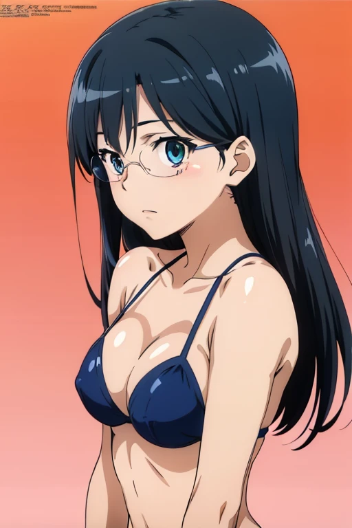(anime cels style, megami magazine, poster style, best quality, high resolution, sharp image, 8k, photorealistic), (beautiful eyes, beautiful face), Konori Mii, glasses, black medium hair, (large breasts), blue bikini, (cowboy shot, standing), simple background, (perfect dateled anatomy, perfect body, perfect arms, perfect fingers, shiny skin)