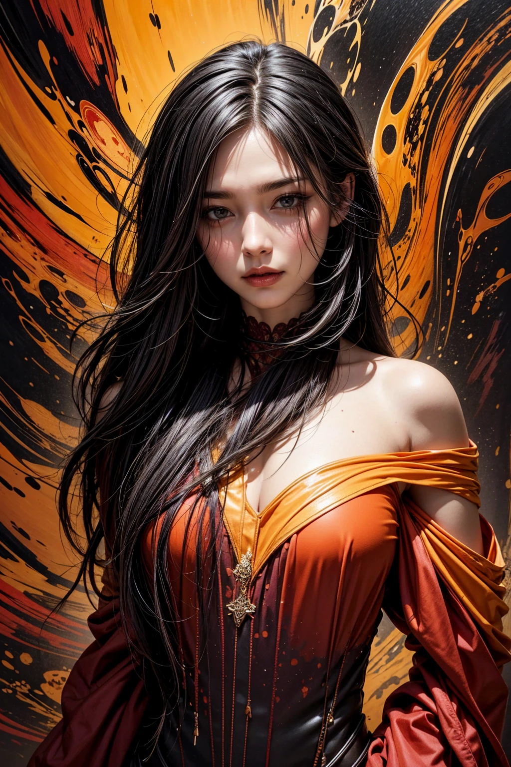 A dark fantasy portrait, dominated by warm hues of orange, yellow, and red. The artwork features splatters and blends of these vibrant colors, creating a sense of movement and energy. The entire canvas appears wet, with the colors merging and blending in various areas, forming a dynamic and fluid appearance. The overall atmosphere of the painting is mysterious and evocative, drawing the viewer into its hauntingly beautiful world., dark fantasy
