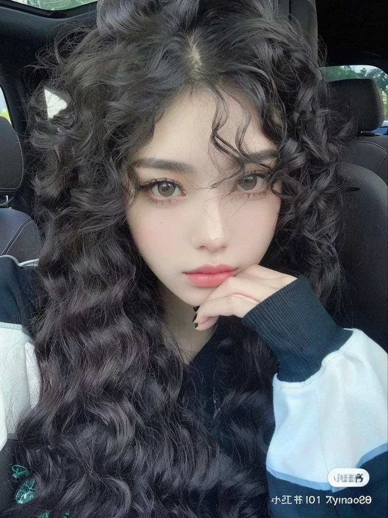 arafed woman with long curly hair sitting in a car, ulzzang, curly middle part haircut, with long curly hair, curly bangs, white curly hair, black long curly hair, with long hair, large eyes and flowing long hair, long messy curly hair, curly dark hair, with long hair and piercing eyes, long wild black curly hair