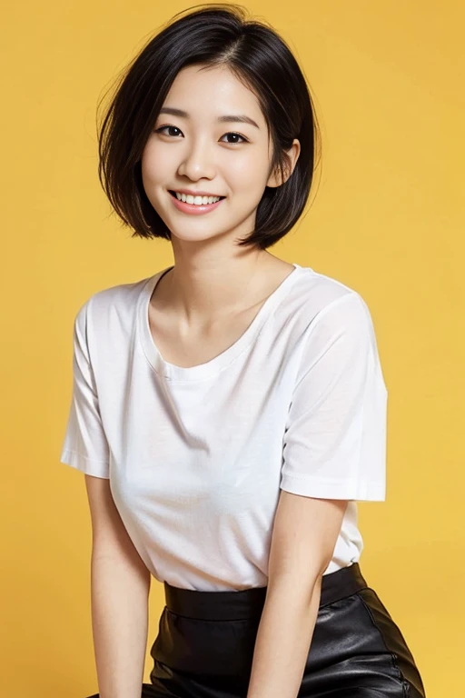 a gorgeous lady, age 22, white T-shirt and black skirt, dimpled smile, short bob hair, in a natural pose, photorealistic, beautiful detailed eyes, ample round bosom, hyper-realism, high contrast, ultra HD, realistic skin textures, top image quality, top-quality, super high resolution, fine details, very meticulously, simple yellow background