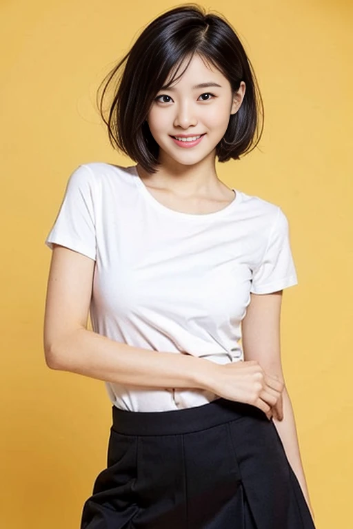 a gorgeous lady, age 22, white T-shirt and black skirt, dimpled smile, short bob hair, in a natural pose, photorealistic, beautiful detailed eyes, ample round bosom, hyper-realism, high contrast, ultra HD, realistic skin textures, top image quality, top-quality, super high resolution, fine details, very meticulously, simple yellow background