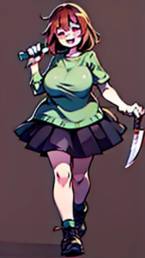 Undertale, big breasts , Chara, brown heirs, red eyes, have a knife, smiling, ((highest quality)), ((masterpiece)), (detailed),