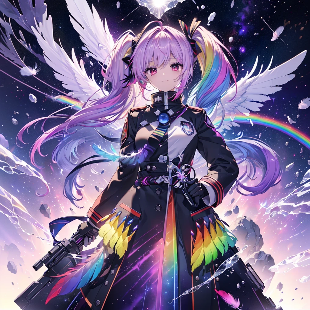 ((Archangel Fantasy Rainbow Hair Make your hair rainbow-colored on the inside Twin tails Dull red eyes Has a galaxy uniform Put on a coat without putting your arms through it Wings many times larger than mine rainbow gradient feathers Lonely Smiling Kindly front)) ((tears gloves)) (Broken glass Rolling Pebbles Distorted Space-Time star) Catch the wind milky way Shining Background Particles of light, rainbow colored edges star