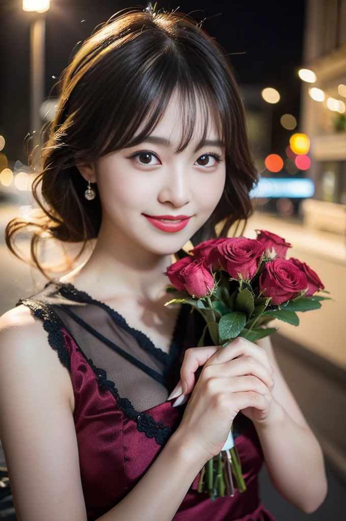 (8k, RAW Photos, highest quality、masterpiece:1.2), (Realistic、Realistic:1.37), Very detailed, High resolution, 1 girl, Laughter, View your viewers, dress, Beautifully detailed face、(Holding a bouquet:1.3),Beautiful and detailed skin、Skin Texture、Floating Hair、Professional Lighting, noon