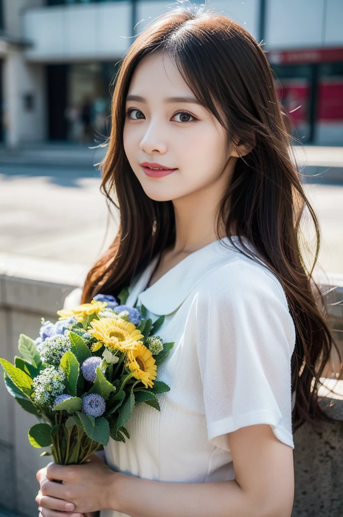 (8k, RAW Photos, highest quality、masterpiece:1.2), (Realistic、Realistic:1.37), Very detailed, High resolution, 1 girl, Laughter, View your viewers, dress, Beautifully detailed face、(Holding a bouquet:1.3),Beautiful and detailed skin、Skin Texture、Floating Hair、Professional Lighting, noon