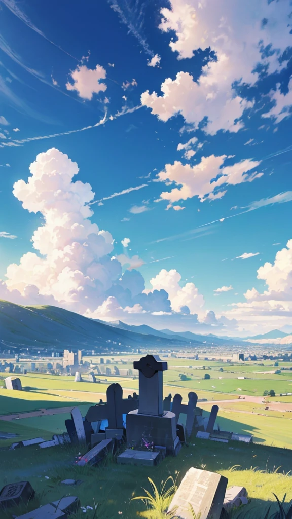 Realistic landscape、The sun is in the sky、Summer Clouds、Deep blue sky、Clouds are torn apart、Western-style graveyard on a hill、Diagonal view from above