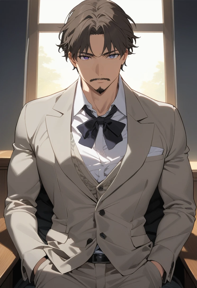 1man, mature male, parted bangs, medium-short hair, brown hair, muscular celeb, short goatee, short mustache, indigo eyes, dandyism, BREAK solo, white collared shirt, gray trench coat, black neck ribbon, in gentle sasaki style, visual novel, 2010s, extreme all detailed, masterpiece, best quality