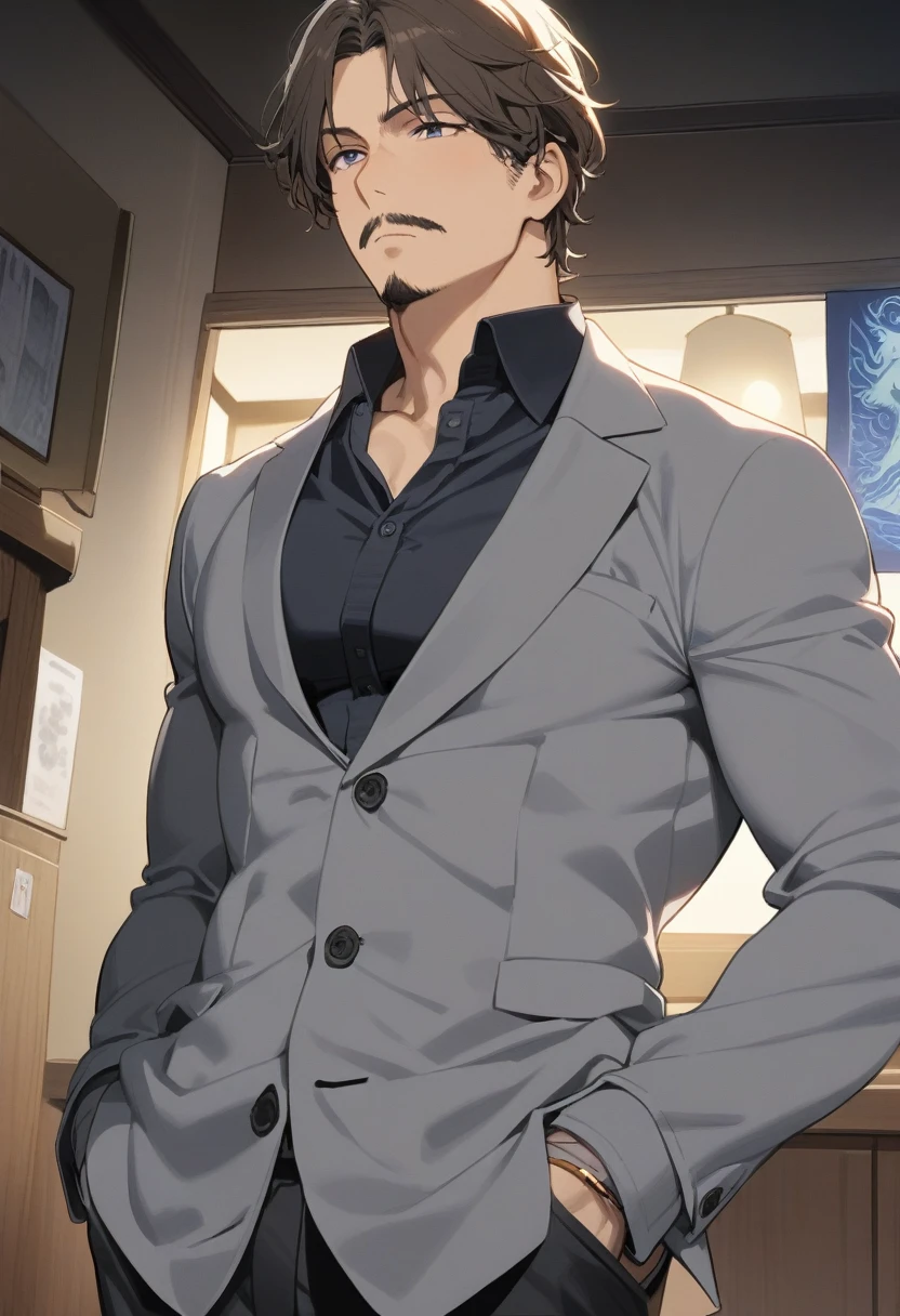 1man, mature male, parted bangs, medium-short hair, brown hair, muscular celeb, short goatee, short mustache, indigo eyes, dandyism, BREAK solo, white collared shirt, gray trench coat, black neck ribbon, in gentle sasaki style, visual novel, 2010s, extreme all detailed, masterpiece, best quality