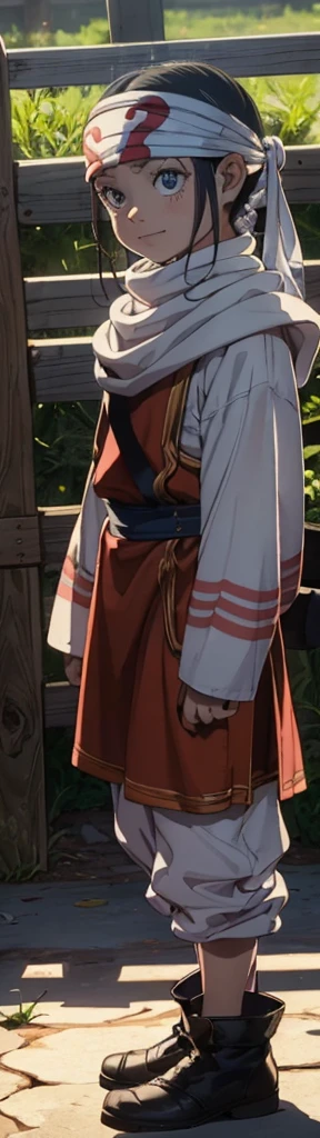 crazy smile crazy eyes Beautiful ??? face quality clothing Extremely beautiful cute kid 7year old kid kid body extremely detailed clothing expensive cowl bandana on forehead profile image full body image style beautiful kid face side view ultra cute face ??? cowboy shot glaring at viewer