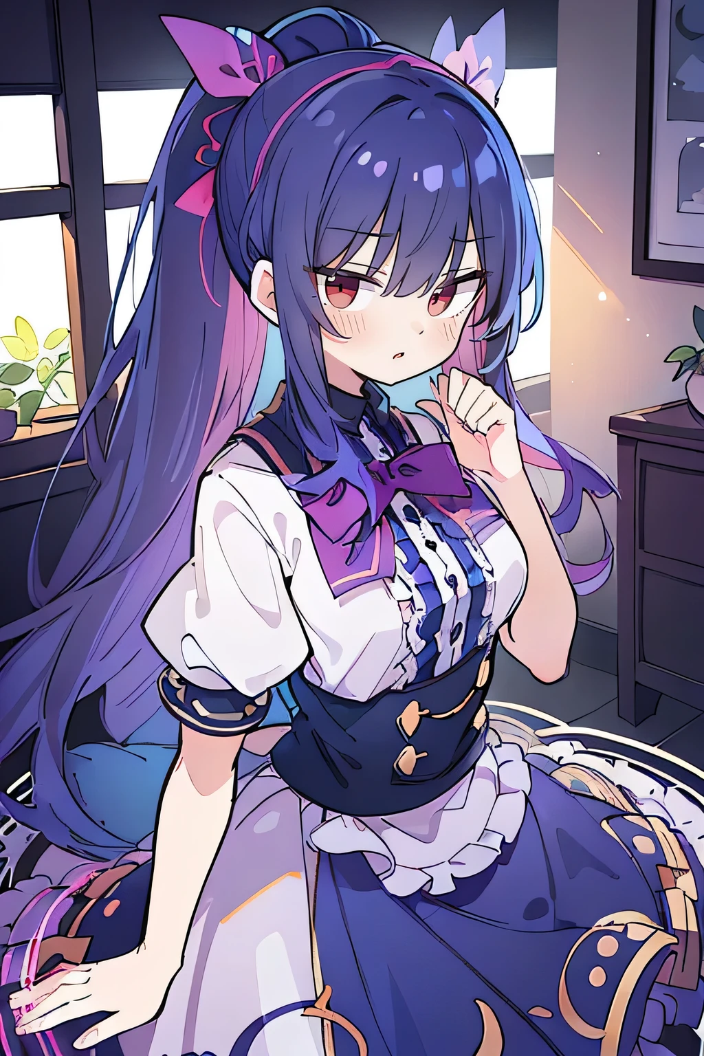 one-girl（（There is a five-pointed star in the eye））A girl with long purple hair，（（（Blushlush）））the maid outfit，white stockings，Smile，Open mouth，