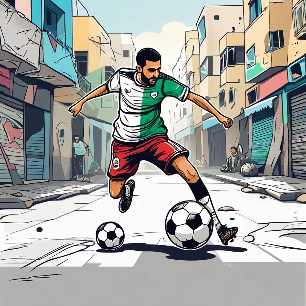 create an illustration of a Palestinian  playing football in the street