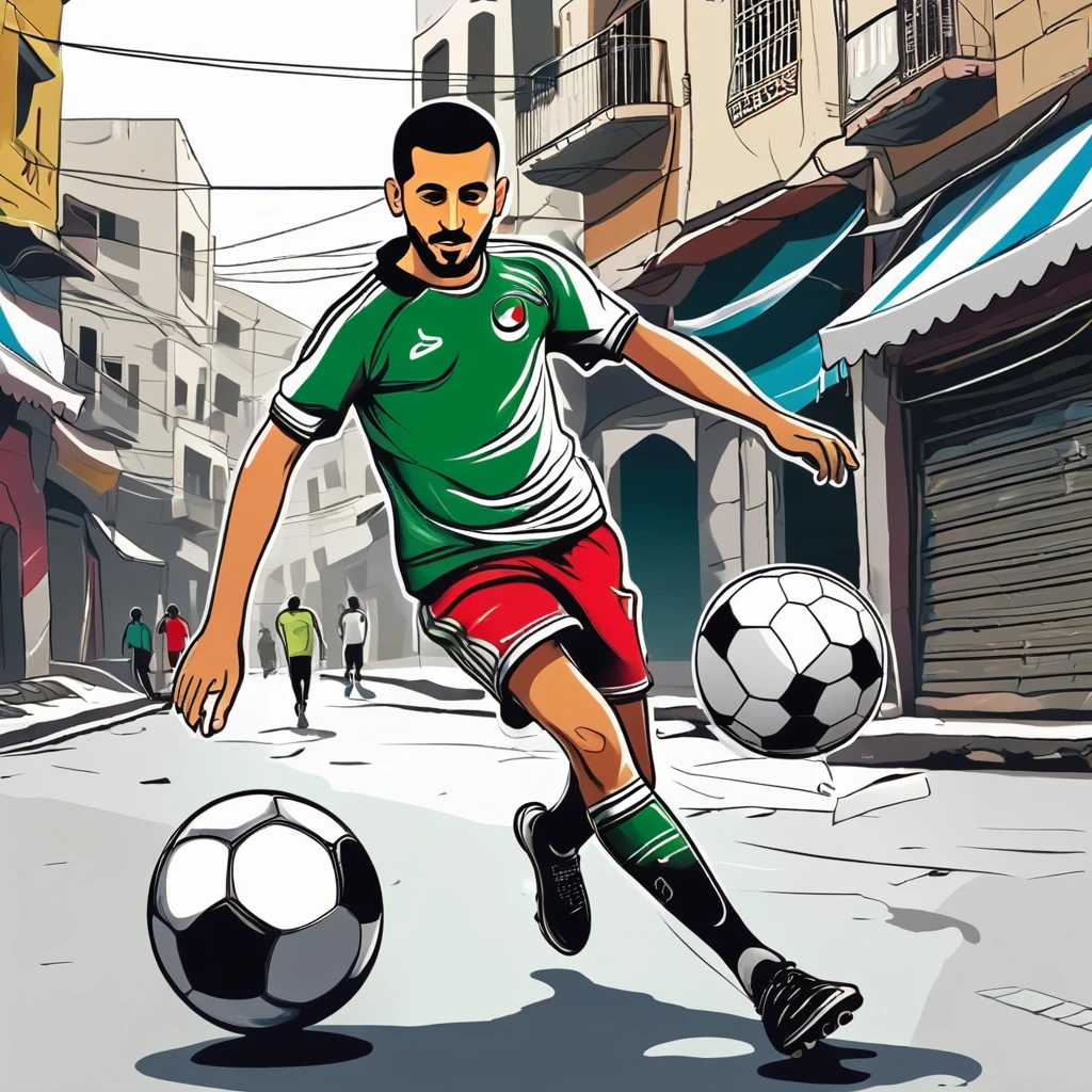 create an illustration of a Palestinian playing football in the street