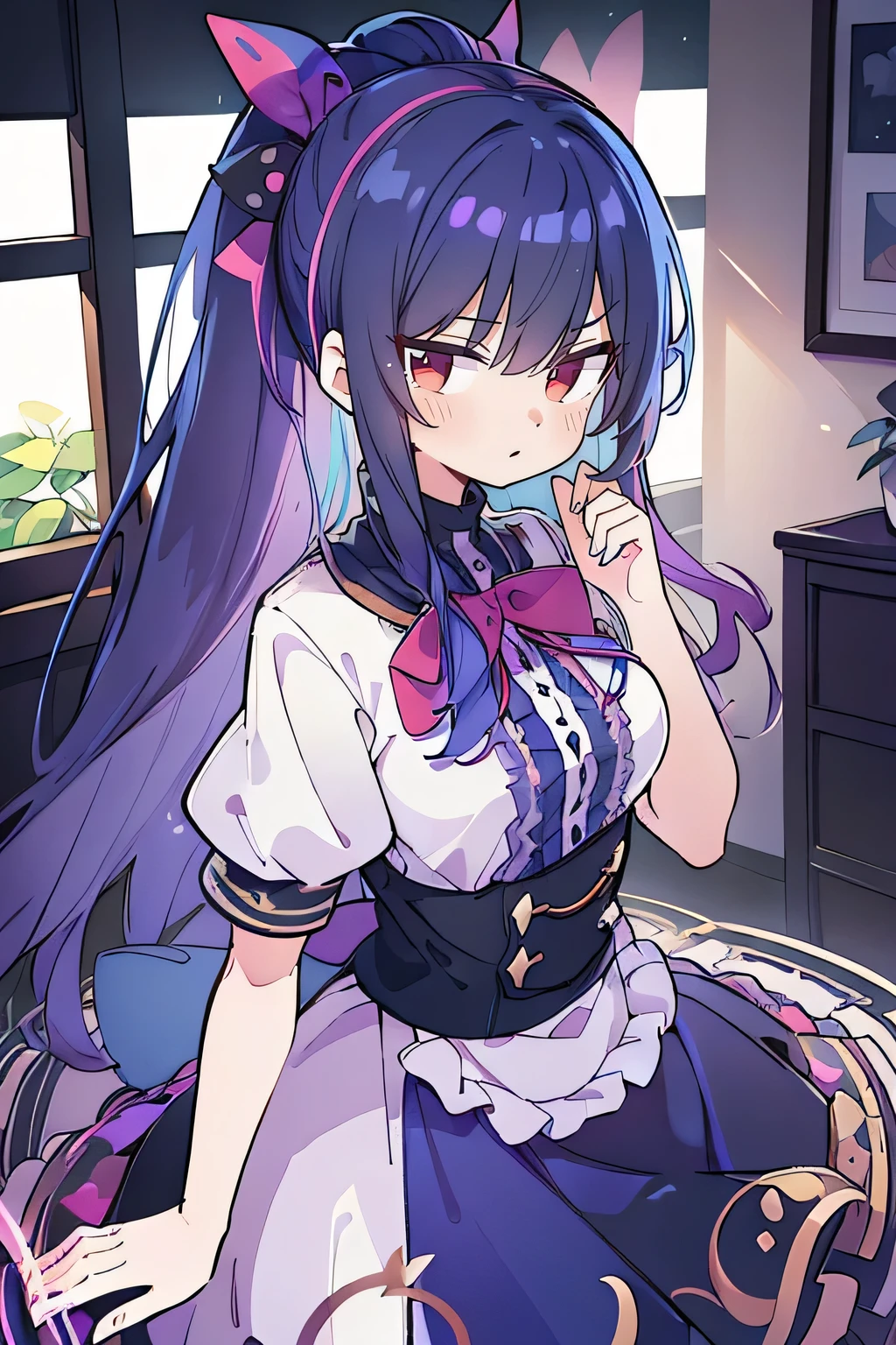 (Best Quality: 1.3), (Masterpiece: 1.3), (Illustration: 1.3), (Ultra Detailed: 1.3), (Imide Lens: 0.9), 1girl, Medium Breasts, Purple Eyes, ((Dark Blue Hair) ), hair accessories, young, clothing-gladiia, long hair, dark blue hair, indoors, black shorts, high socks, low ponytail, expressionless, upper body, close-up, coat, skirt,