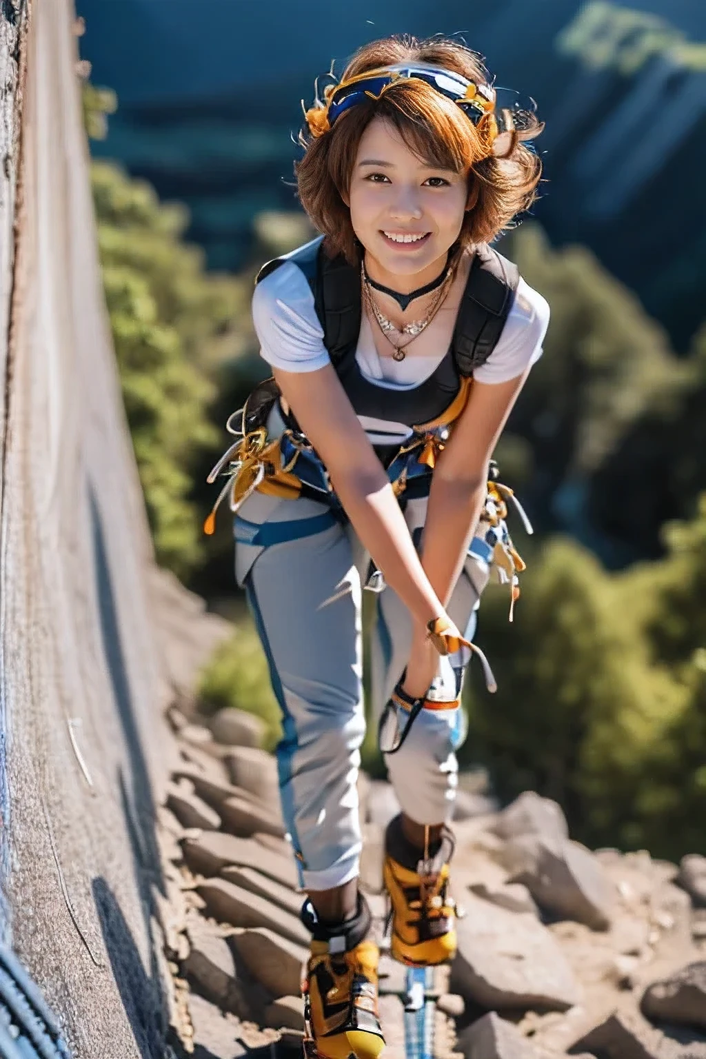 (18 year old woman climbing in summer:1.5)、(Gentle smile:1.2)、(The best quality at its best:1.4), (Super detailed), (Very detailed CG unified 16k), Beautiful woman with perfect figure: 1.4, Sharp focus: 1.2, Very detailed, High-quality RAW color photos, Professional photography, Great face and eyes, cosmetics, (Amazingly beautiful girl), ((Mountaineering attire:1.5)), Realistic movie faces, Full body long view from head to toe, Realistic, ((Realistic natural orange red hairstyle)), ( Short Bob Hair:1.5), (necklace:1.5)、, Very beautiful face, Perfect model beauty, Mouth swelling, Highly detailed face and skin texture, Fine grain, double eyelid, Medium chest, smile, (masterpiece), highest quality, High resolution, Very detailed, Blurred Background, Depth of written boundary, Cinema Lighting, Great legs, , Clear, well-maintained skin,((Full body shot from head to toe:1.5))