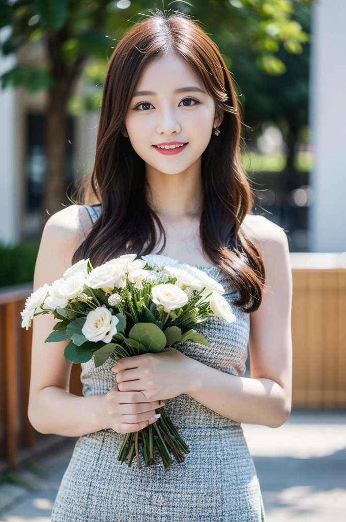 (8k, RAW Photos, highest quality、masterpiece:1.2), (Realistic、Realistic:1.37), Very detailed, High resolution, 1 girl, Laughter, View your viewers, Bob, dress,  Beautifully detailed face、(Holding a bouquet:1.3),Beautiful and detailed skin、Skin Texture、Floating Hair、Professional Lighting, noon