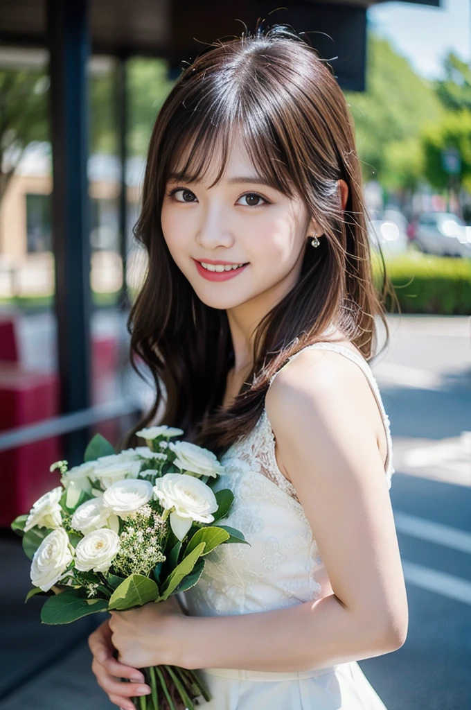 (8k, RAW Photos, highest quality、masterpiece:1.2), (Realistic、Realistic:1.37), Very detailed, High resolution, 1 girl, Laughter, View your viewers, Bob, dress,  Beautifully detailed face、(Holding a bouquet:1.3),Beautiful and detailed skin、Skin Texture、Floating Hair、Professional Lighting, noon