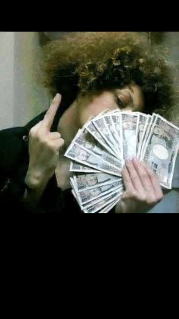 (best quality,4k,8k,highres,masterpiece:1.2),ultra-detailed,realistic,photorealistic:1.37, portrait, money fan covering her face, middle finger, curly afro