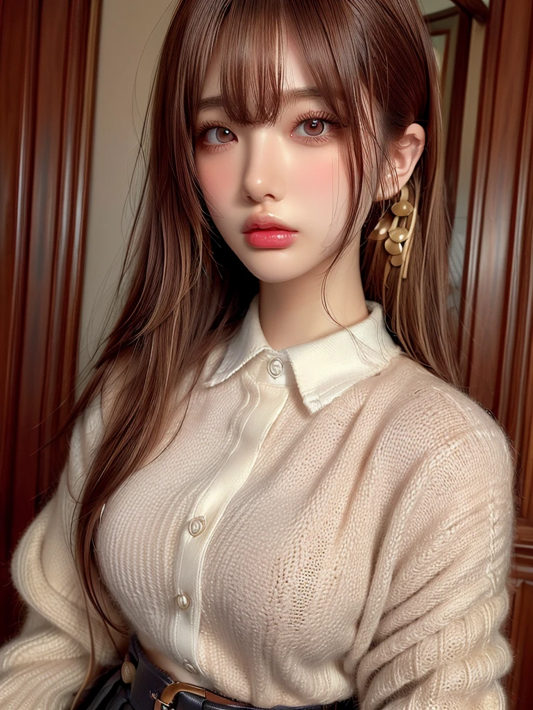 highest quality, Ultra-high resolution, (Realistic:1.4), One girl, Button-down shirt, Black Skirt, School, Dark brown hair, chest, (Blonde Hair:1.2), View Viewer, (Highly detailed face:1.1),, (Purelos Face_v1:0.8),Tick tock,