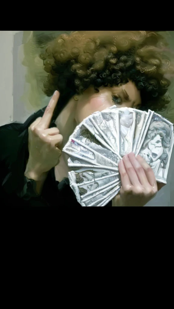 (best quality,4k,8k,highres,masterpiece:1.2),ultra-detailed,realistic,photorealistic:1.37, portrait, money fan covering her face, middle finger, curly afro