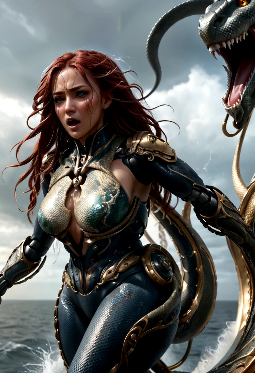 lady Kraken in stunning movement, face-skin is snake-skin, metal-scaled body-skin, wrath expression, punching a vessel-boat as nebula explosion, white fangs, cried out, full body view, high tide, thunder-storm background, cinematic photo-shoots, motion blur, ultra shots photographic, hyper detailed, ultra-speed shot, dimmed light, UHD, 16k, epicrealism, masterpiece, perfect image, perfect color.