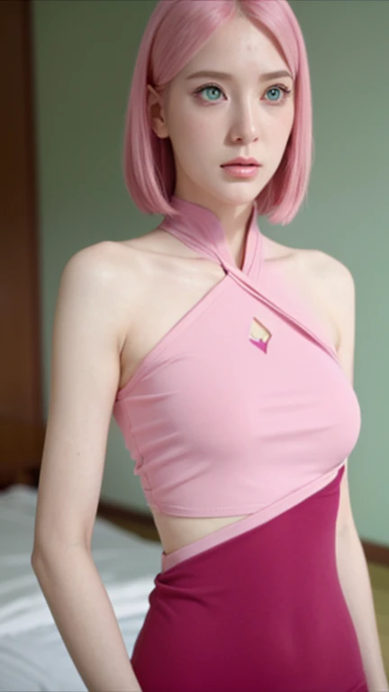 young woman, short shoulder-length pink hair, wide forehead, porcelain skin, pink eyebrows, big emerald green eyes, buttoned nose, full lips, heart-shaped face, slender body, small breasts, red tank top, Sakura Haruno , realistic, realism, details, 3d, well detailed
