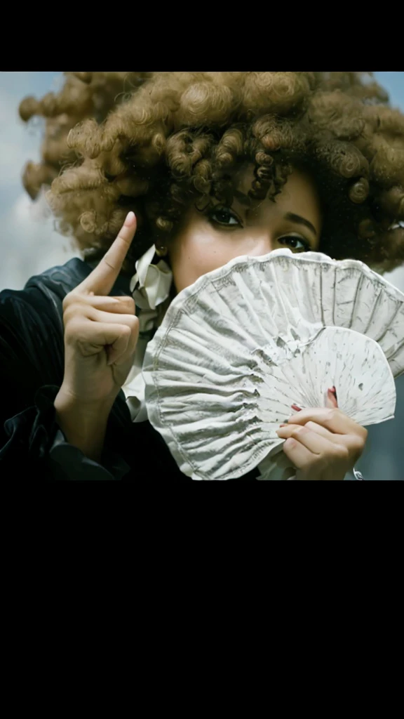 (best quality,4k,8k,highres,masterpiece:1.2),ultra-detailed,realistic,photorealistic:1.37, portrait, money fan covering her face, middle finger, curly afro