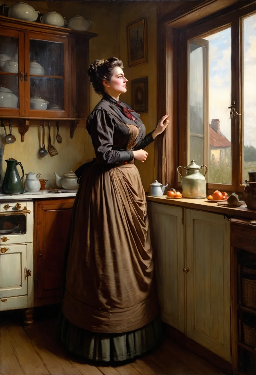  Full body shot  of A voluptuous buxom pretty 1880 western frontier farmwife widow standing in front of a window in her kitchen, updo hairstyle , brown hair, by Jean Béraud, inspired by Jean Béraud, inspired by Édouard Detaille, edouard leon cortes, inspired by Ivan Kramskoi, inspired by Jean-Louis-Ernest Meissonier, by Édouard Detaille, inspired by Paul Émile Chabas