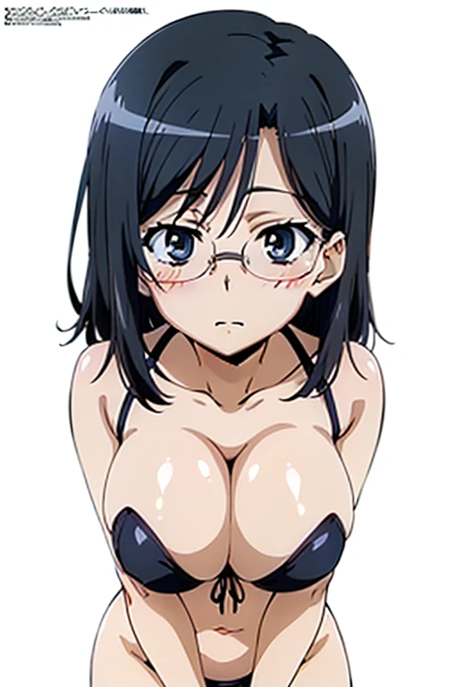 (anime cels style, megami magazine, poster style, best quality, high resolution, sharp image, 8k, photorealistic), (beautiful eyes, beautiful face), Konori Mii, glasses, (black medium hair), blush, (huge breasts), blue bikini, (cowboy shot, standing), simple background, (perfect dateled anatomy, perfect body, perfect arms, perfect fingers, shiny skin)