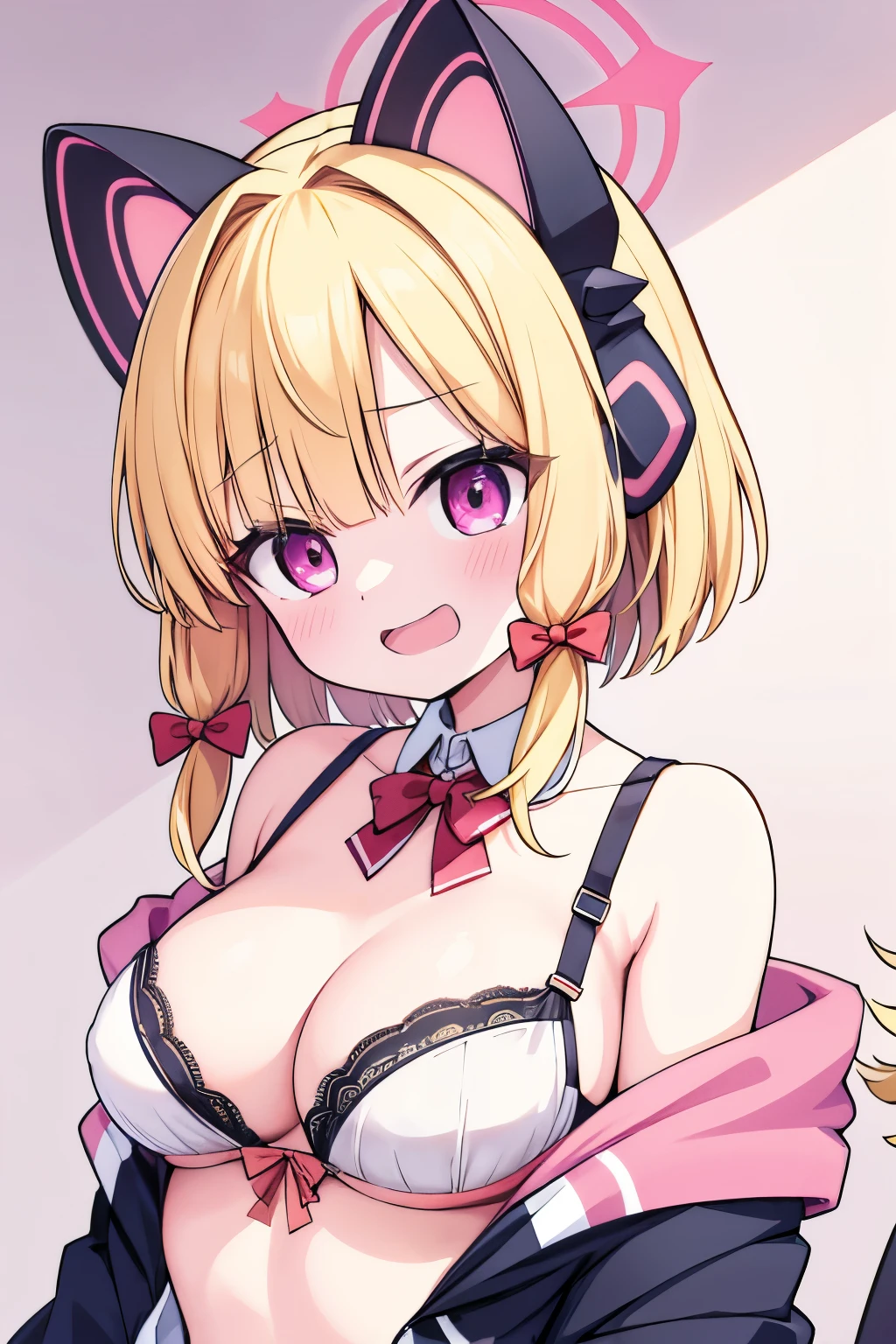 G-Cup　　masterpiece　highest quality　High resolution　Blonde　uniform　student　Show off your breasts　cute　Momoi Saiba　smile　A slightly open mouth　Light in your eyes　Eye highlights　tits　bra