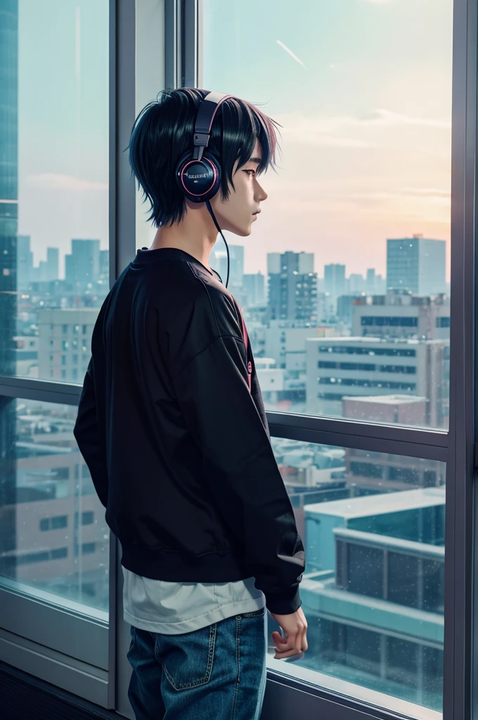 anime boy with headphones looking out a window at a city, lofi girl, anime sad, lofi artstyle, anime style 4 k, anime aesthetic, nightcore, lofi feel, lofi art, anime art wallpaper 4 k, anime art wallpaper 4k, anime wallpaper 4 k, anime wallpaper 4k, lofi vibes
