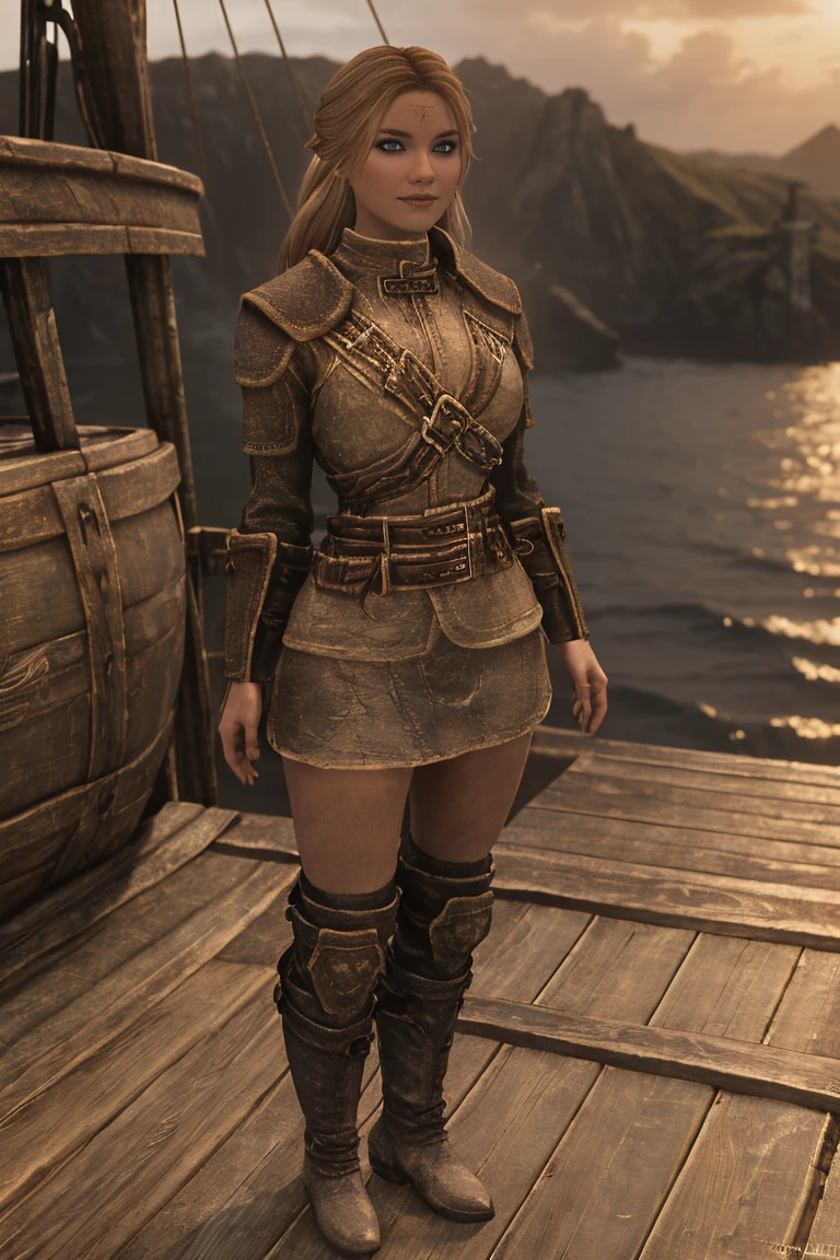 A stunning female Breton maiden stands poised on the weathered deck of a majestic ship at sunset in Skyrim. Her porcelain skin glows softly, illuminated by the warm rays of the rising sun. Delicate features and raven tresses frame her enigmatic smile as she gazes out to sea, the wind gently tousling her locks, (((wearing short natural leather skirt and high boots))), blonde hair