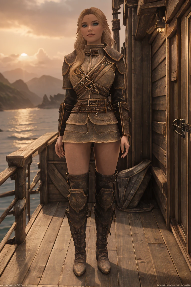 A stunning female Breton maiden stands poised on the weathered deck of a majestic ship at sunset in Skyrim. Her porcelain skin glows softly, illuminated by the warm rays of the rising sun. Delicate features and raven tresses frame her enigmatic smile as she gazes out to sea, the wind gently tousling her locks, (((wearing short natural leather skirt and high boots))), blonde hair