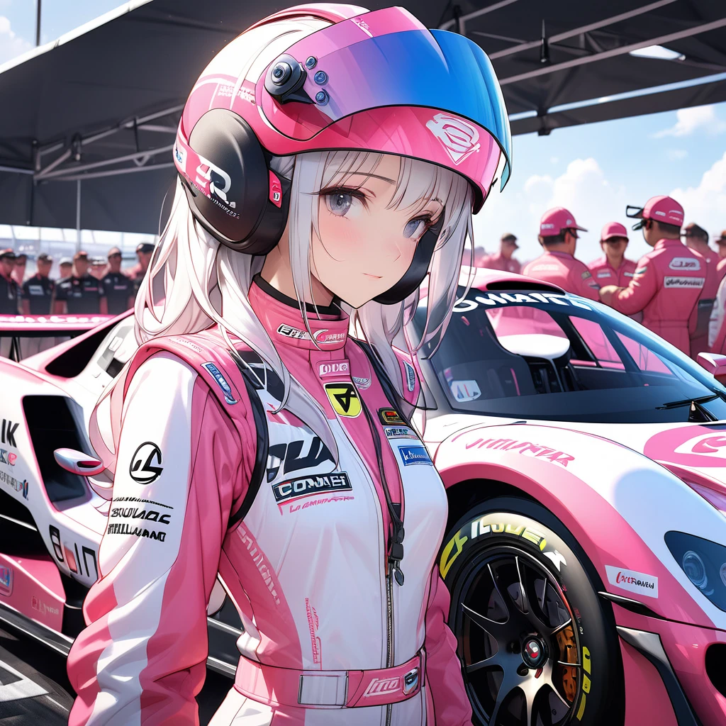 High resolution digital CG concept art,The state of pit work during the race of the future racing car,The racing car has the futuristic body shape of the Group C racer that raced in Le Mans, has a two-tone color scheme of pink and white, has a cute white-haired girl painted on the bonnet, and has gull wing doors.Many sponsor logos,The driver is a girl wearing a pink full-face helmet and a pink racing suit.The helmet visor is transparent and has a hologram effect, and there are many sponsor logos on the helmet and suit.The girl opens the driver's door and listens to the pit crew.Around the racing car are crew members wearing pit crew helmets and fireproof suits.Changing tires and refueling,side view shot,(master piece4k, 8k,best quality1.2)ultra detail