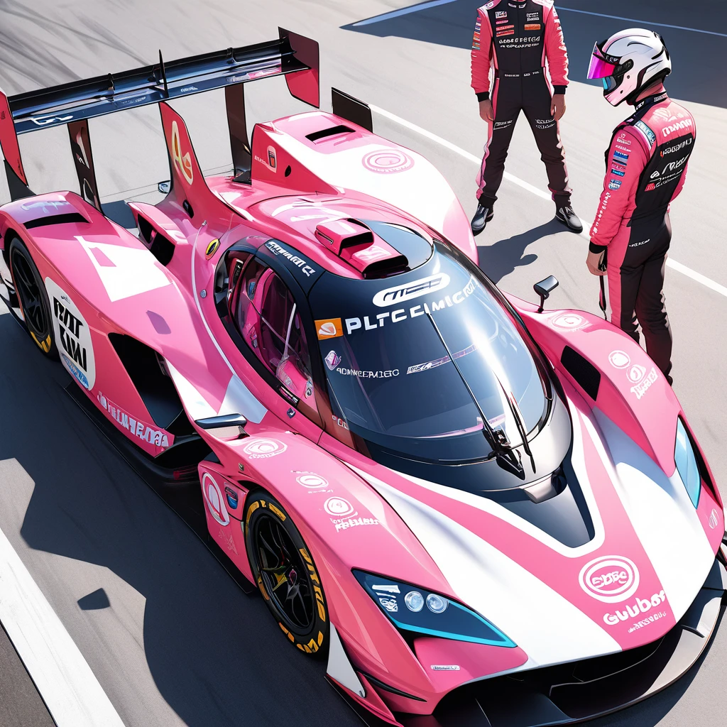 High resolution digital CG concept art,The state of pit work during the race of the future racing car,The racing car has the futuristic body shape of the Group C racer that raced in Le Mans, has a two-tone color scheme of pink and white, has a cute white-haired girl painted on the bonnet, and has gull wing doors.Many sponsor logos,The driver is a girl wearing a pink full-face helmet and a pink racing suit.The helmet visor is transparent and has a hologram effect, and there are many sponsor logos on the helmet and suit.The girl opens the driver's door and listens to the pit crew.Around the racing car are crew members wearing pit crew helmets and fireproof suits.Changing tires and refueling,side view shot,(master piece4k, 8k,best quality1.2)ultra detail