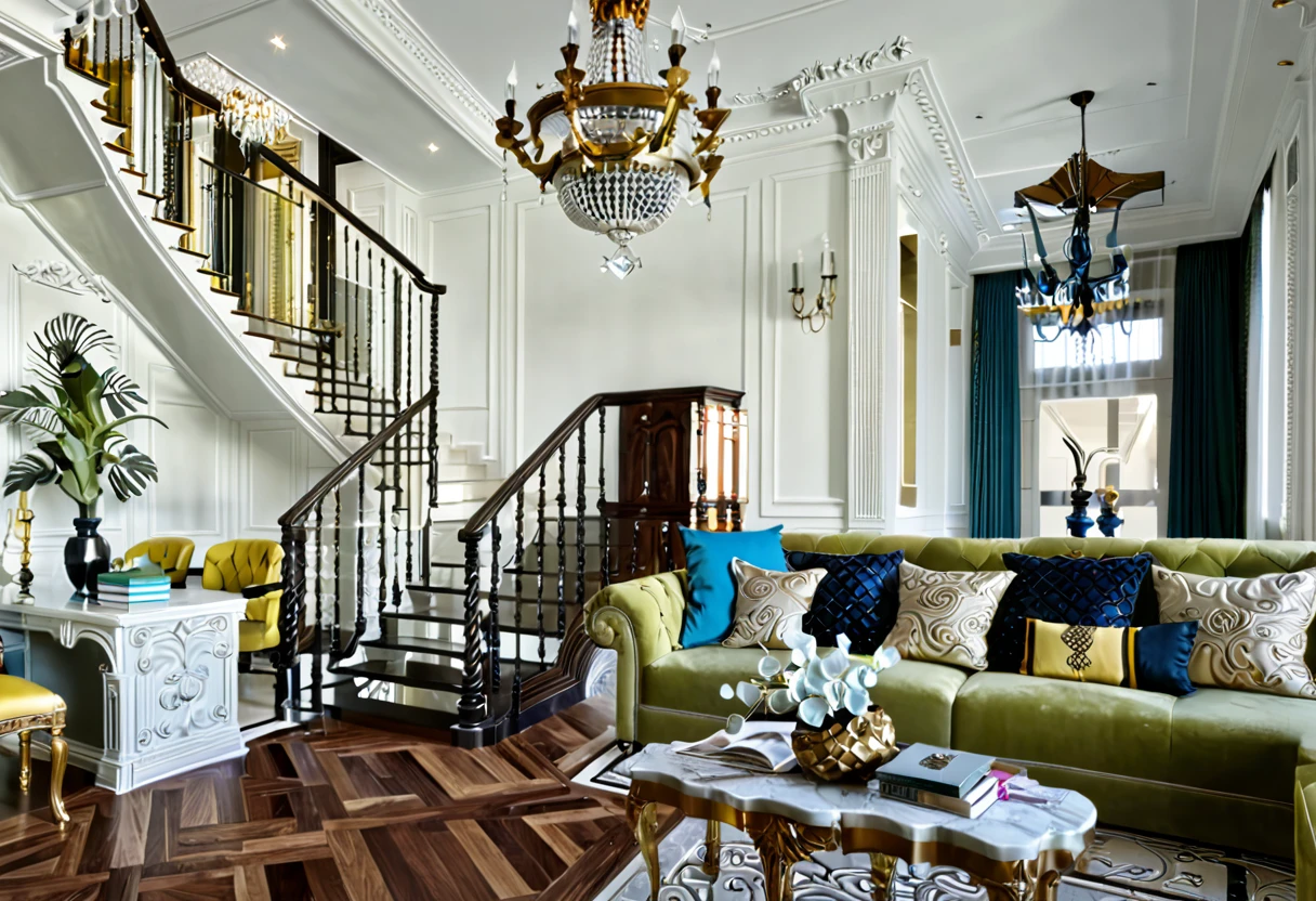 a view of a living room with a couch, chairs, and a chandelier, highly detailed interior, neo - classical style, neoclassical style, neoclassicism style, interior architecture view, interior living room, royal interior, classicism artstyle, library in the style of baroque, classicism style, realistic art deco, tall ceiling, detailed set design, high ceiling