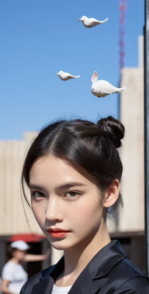Brown-black hair, black eyes, fair skin, goose egg face, atmospheric facial features, tall, confident and powerful, toned and plump, high school girls, , coiled hair, hair bun, with hairpin, red rose, blue butterfly, white rabbit, billboard, official quality, mysterious, light and shadow, correct proportions, aesthetics, atmosphere,