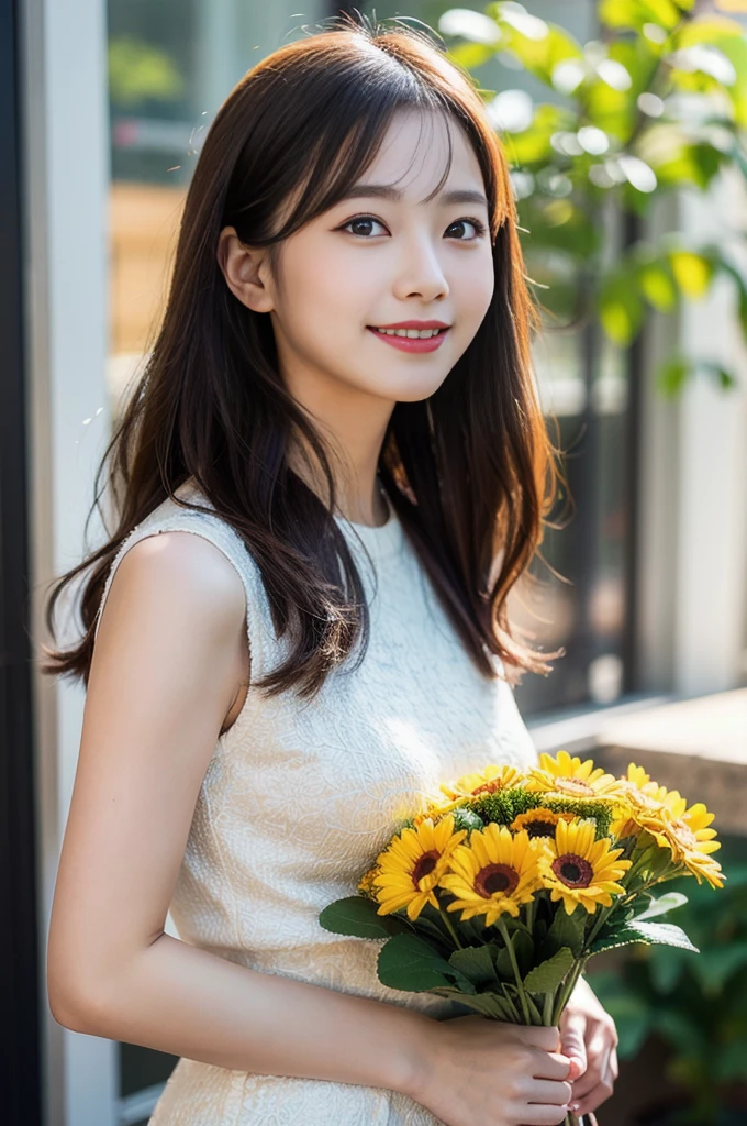 (8k, RAW Photos, highest quality、masterpiece:1.2), (Realistic、Realistic:1.37), Very detailed, High resolution, 1 girl, Laughter, View your viewers, dress, Beautifully detailed face、(Holding a bouquet:1.3),Beautiful and detailed skin、Skin Texture、Floating Hair、Professional Lighting, noon