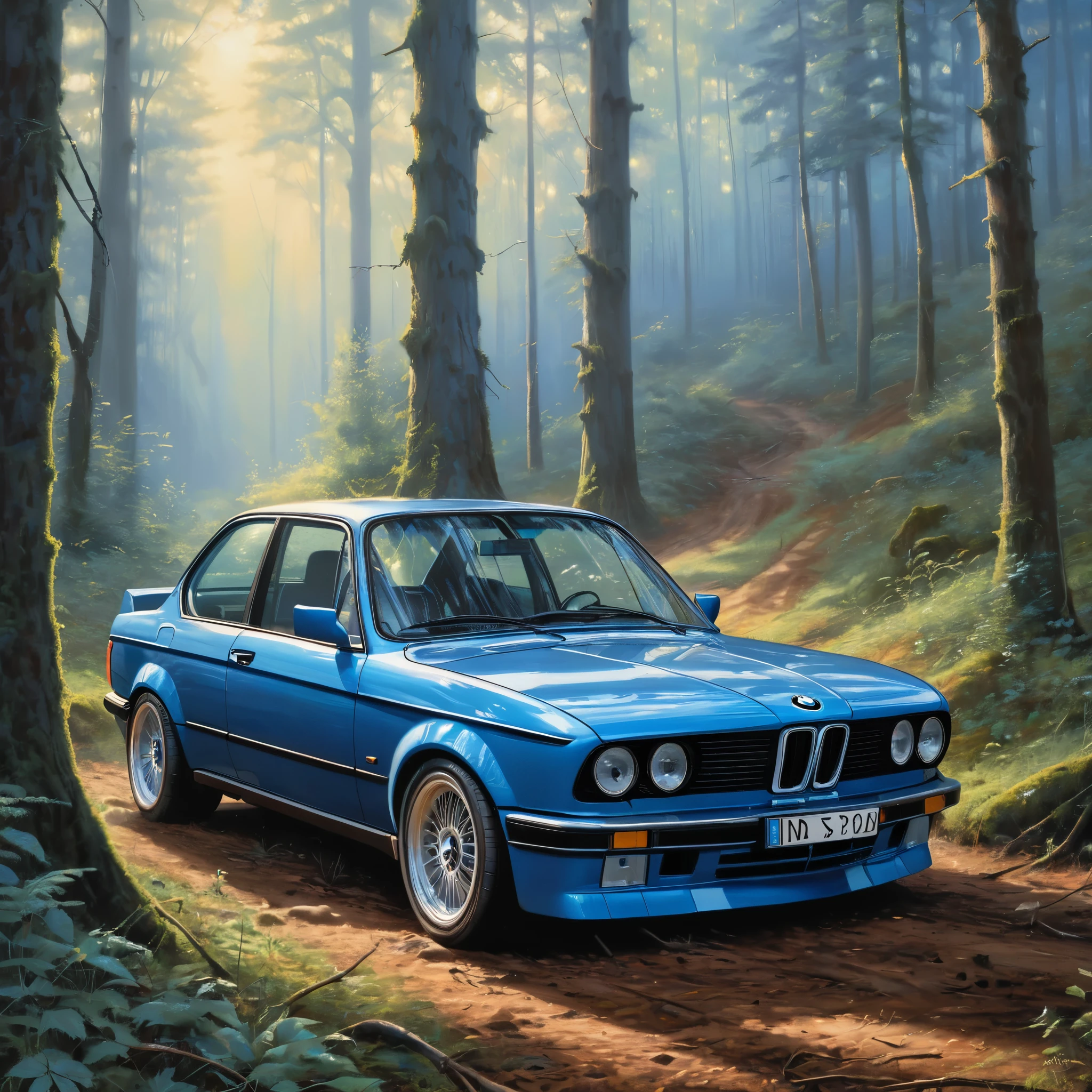 (Tyndall Effect:1.5), Blue BMW 1990s in the forest by Piotr Jaboński, best quality, masterpiece, Representative work, official art, Professional, Ultra intricate detailed, 8k